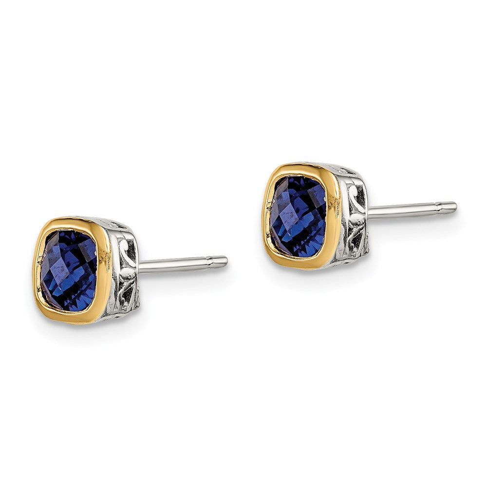 Sterling Silver RH-pltd w/14k Accent Creat. Sapphire Square Stud Earrings