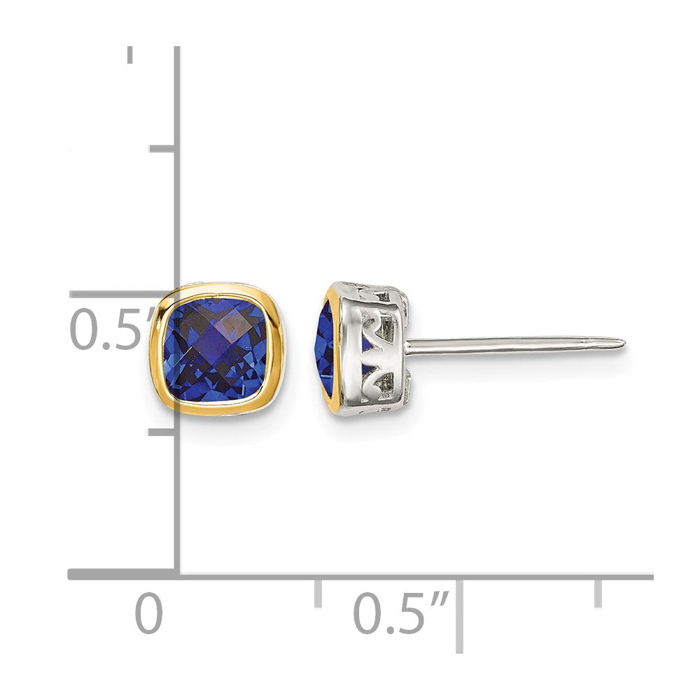 Sterling Silver RH-pltd w/14k Accent Creat. Sapphire Square Stud Earrings