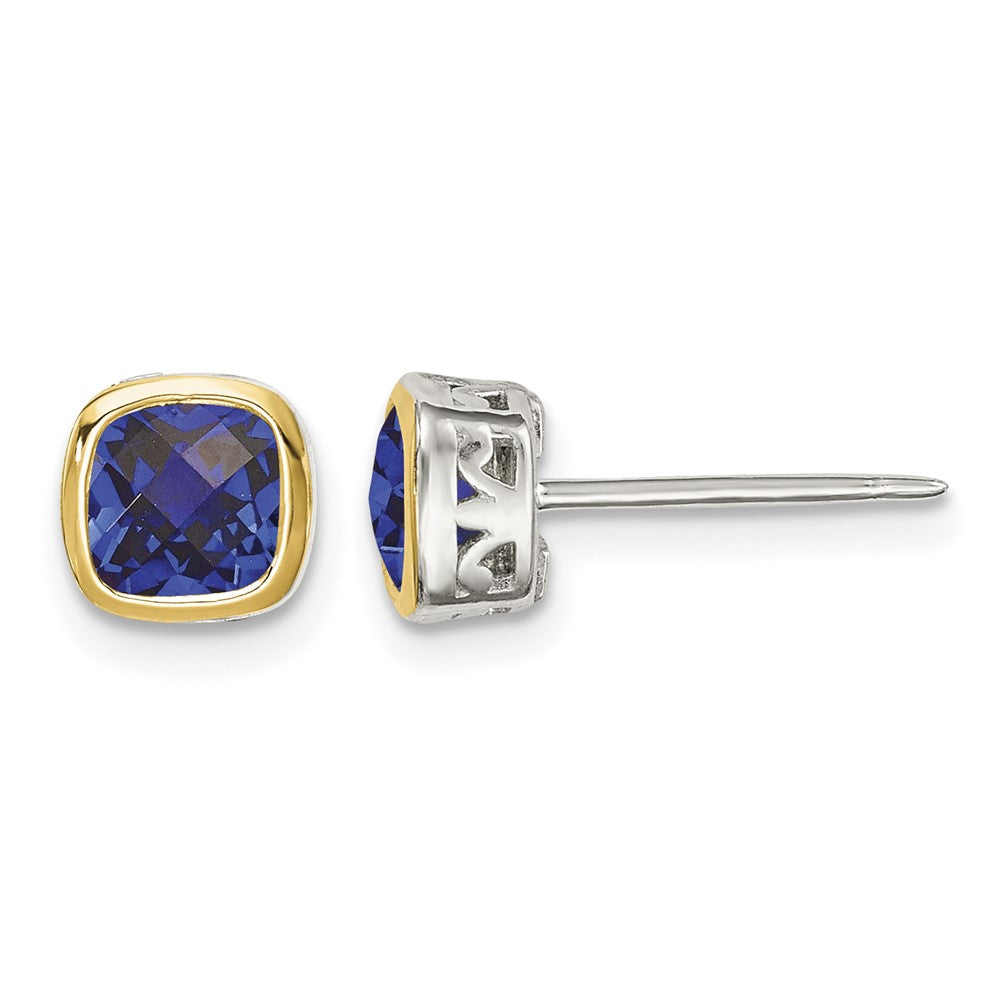 Sterling Silver RH-pltd w/14k Accent Creat. Sapphire Square Stud Earrings