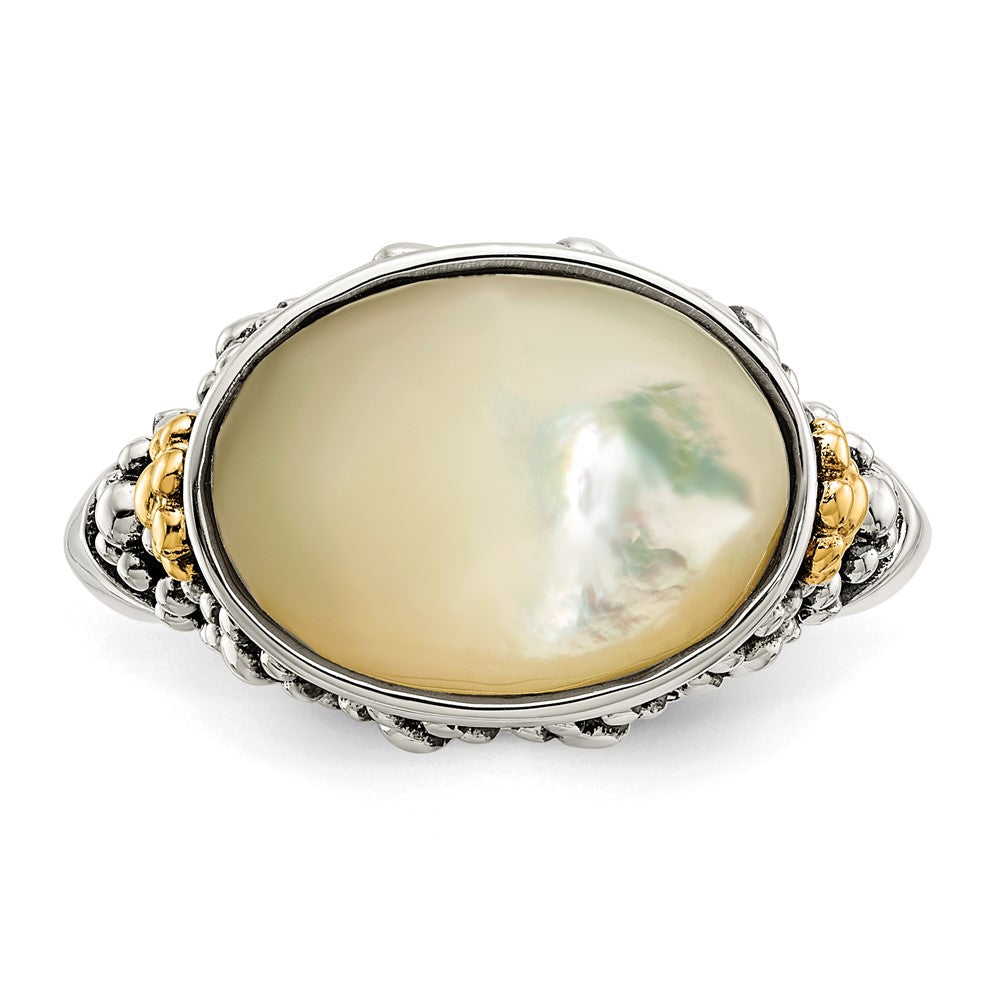 Sterling Silver Antiqued w/14k Accent Floral Oval Mother Of Pearl Ring