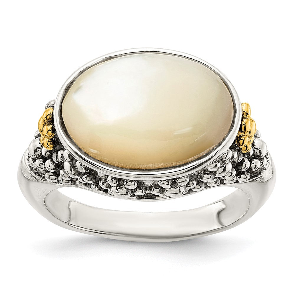 Sterling Silver Antiqued w/14k Accent Floral Oval Mother Of Pearl Ring