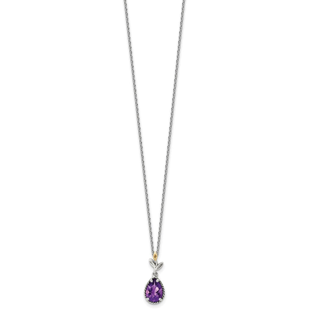 Sterling Silver Antiqued w/14K Leaves Pear 1.45 Amethyst w/2in ext Necklace