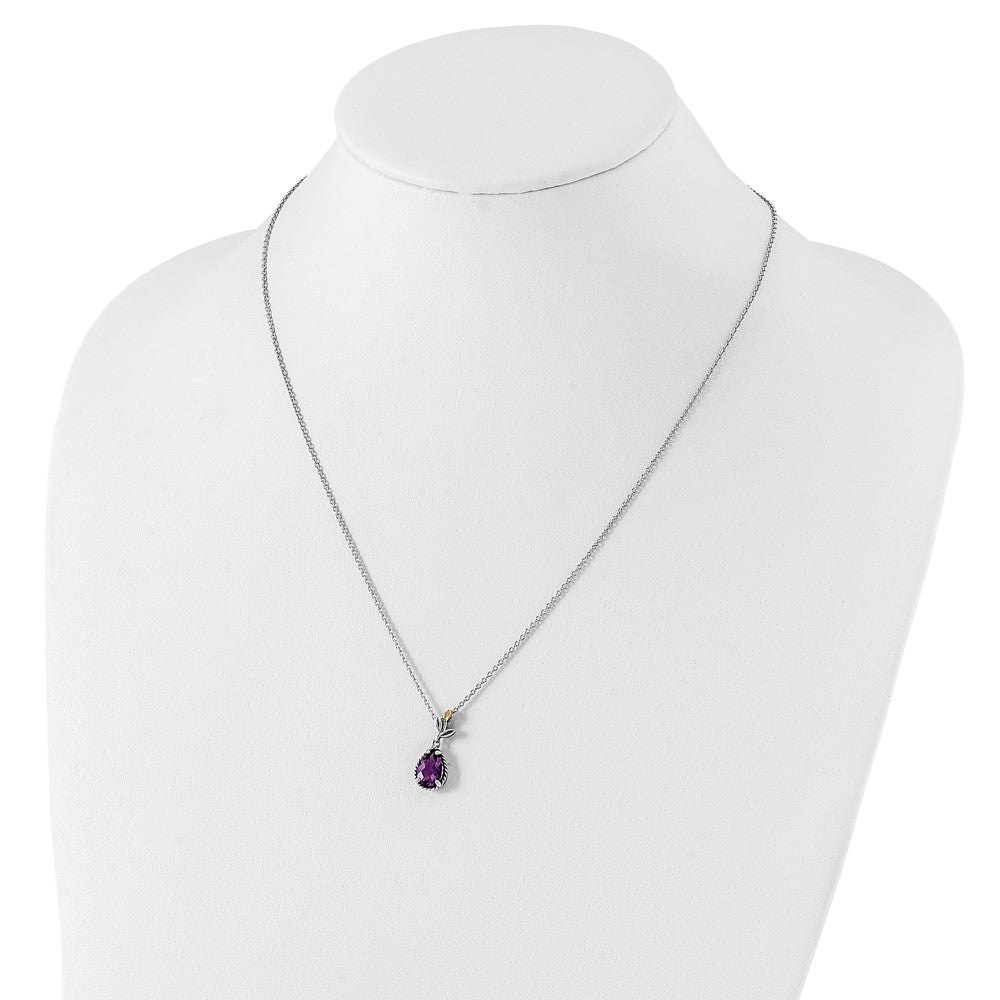 Sterling Silver Antiqued w/14K Leaves Pear 1.45 Amethyst w/2in ext Necklace