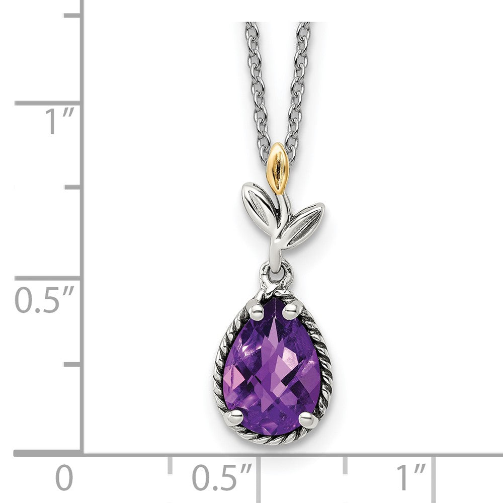 Sterling Silver Antiqued w/14K Leaves Pear 1.45 Amethyst w/2in ext Necklace