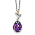 Sterling Silver Antiqued w/14K Leaves Pear 1.45 Amethyst w/2in ext Necklace