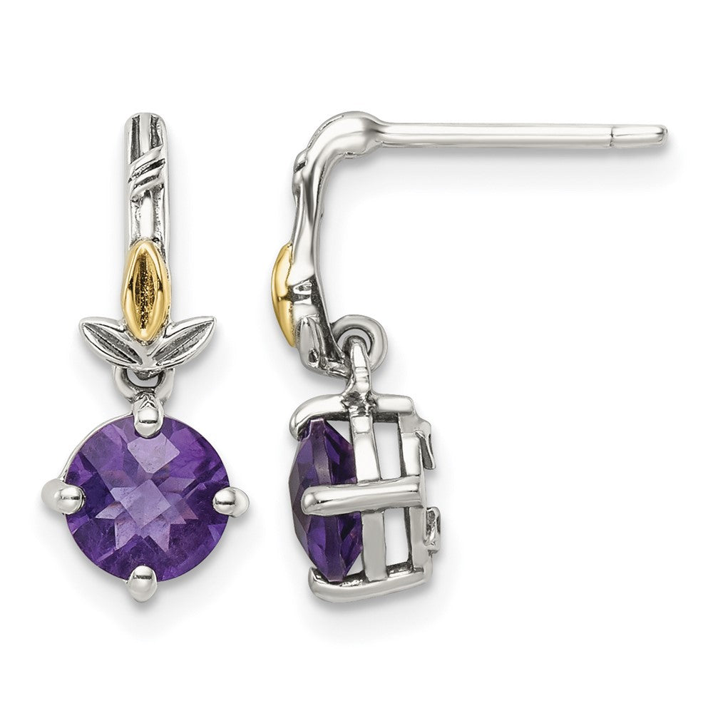 Sterling Silver Antiqued w/14k Leaf 1.20AM Amethyst Dangle Post Earrings