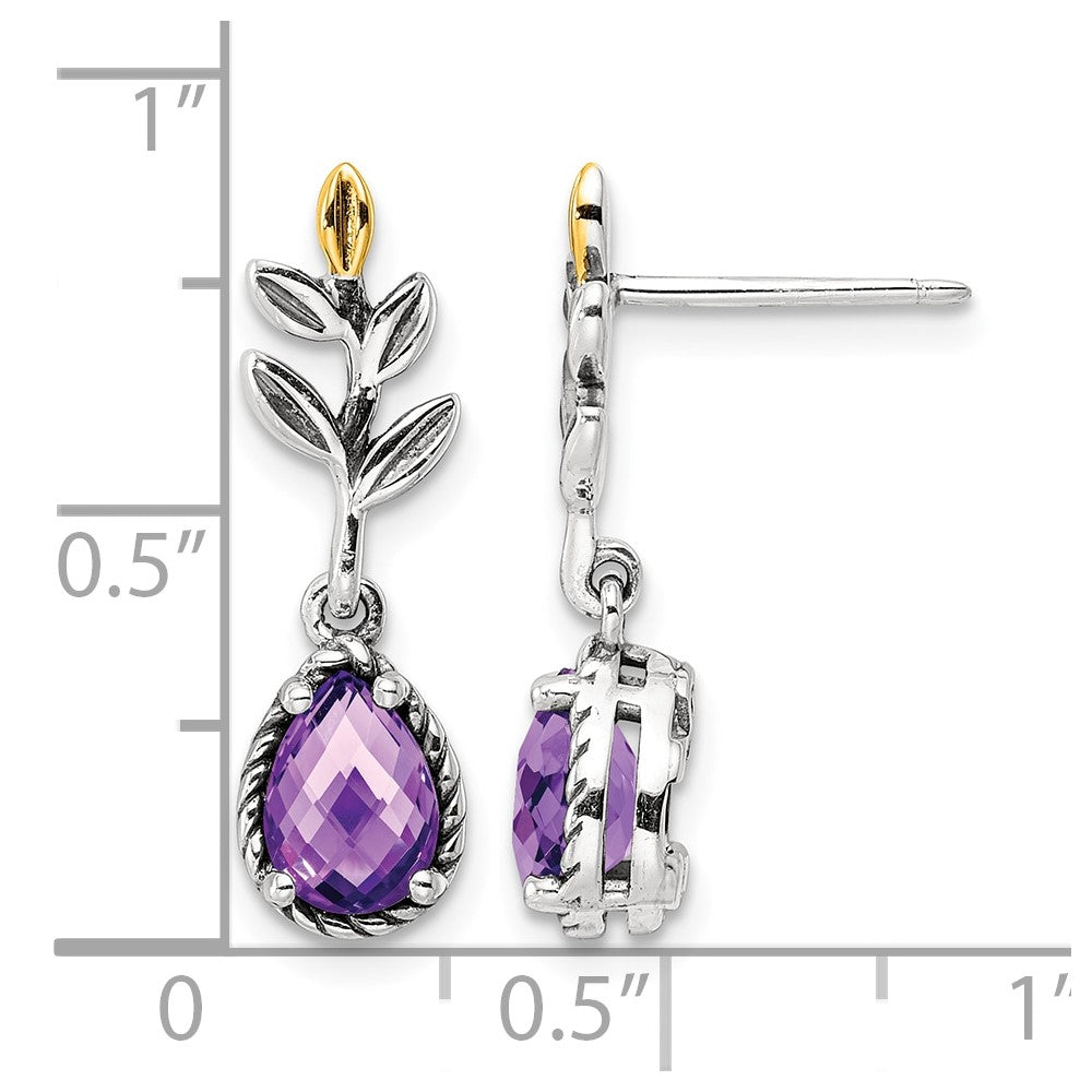 Sterling Silver Antiqued w/14k Leaf 1.33AM Amethyst Dangle Post Earrings