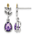 Sterling Silver Antiqued w/14k Leaf 1.33AM Amethyst Dangle Post Earrings