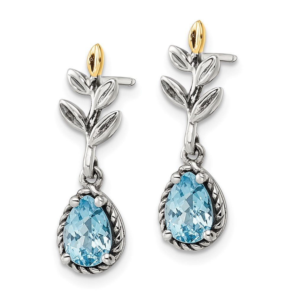 Sterling Silver Antiqued w/14k Leaf 1.54BT Lt Swiss Bl. Topaz Post Earrings