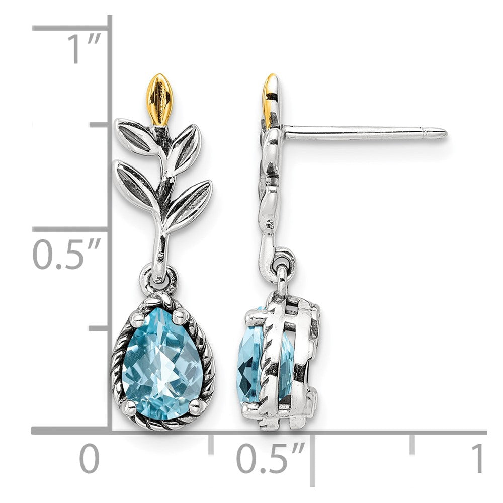 Sterling Silver Antiqued w/14k Leaf 1.54BT Lt Swiss Bl. Topaz Post Earrings