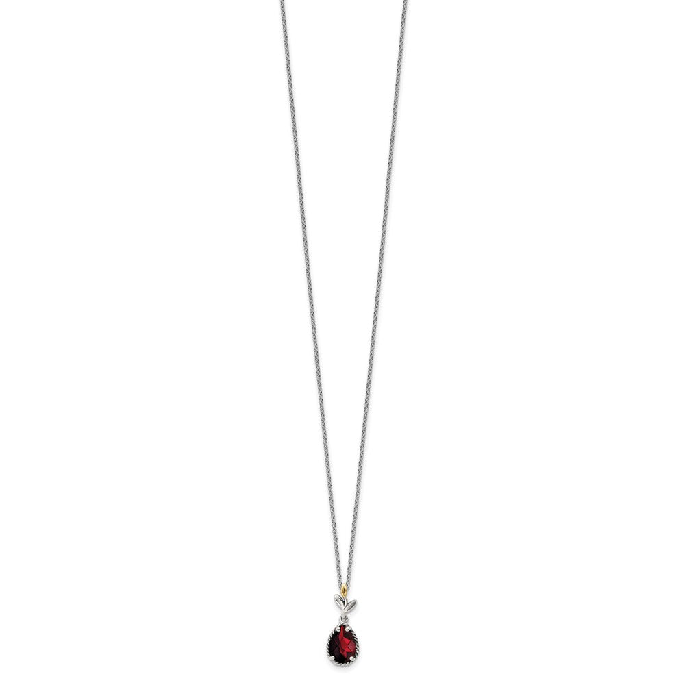 Sterling Silver w/14k Antiqued Leaf 1.95GA Garnet w/2 in ext Necklace