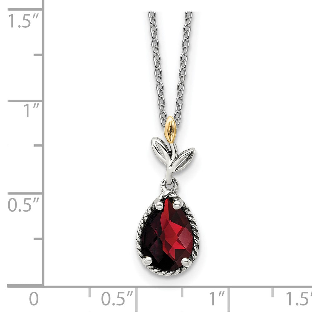 Sterling Silver w/14k Antiqued Leaf 1.95GA Garnet w/2 in ext Necklace