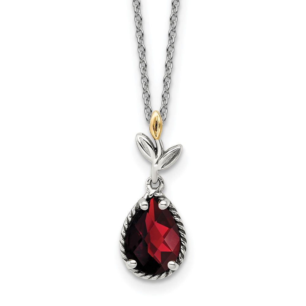 Sterling Silver w/14k Antiqued Leaf 1.95GA Garnet w/2 in ext Necklace