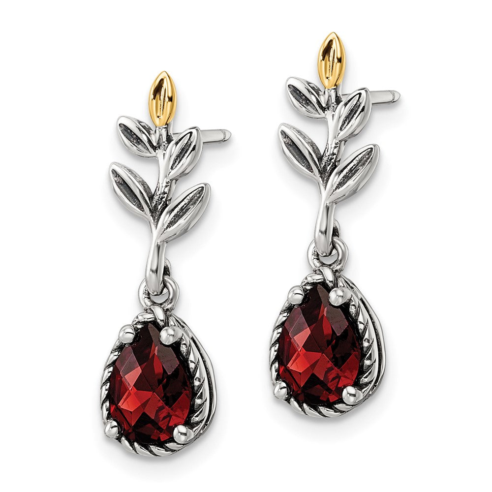 Sterling Silver w/14k Antiqued Leaf 1.49GA Garnet Dangle Post Earrings