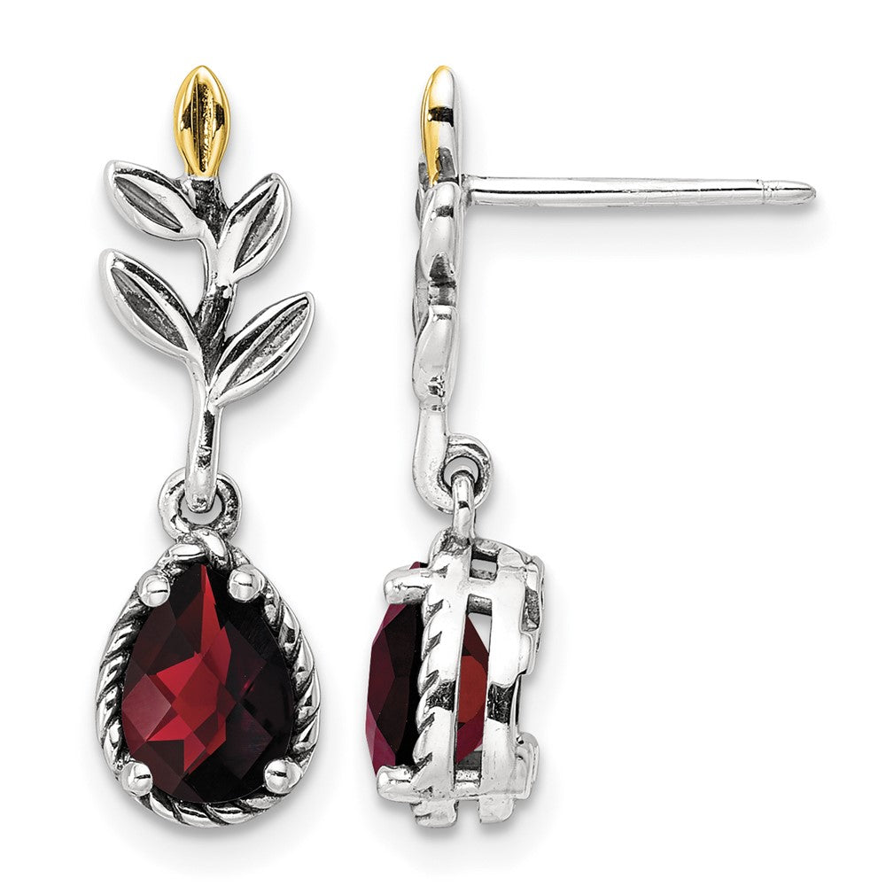 Sterling Silver w/14k Antiqued Leaf 1.49GA Garnet Dangle Post Earrings