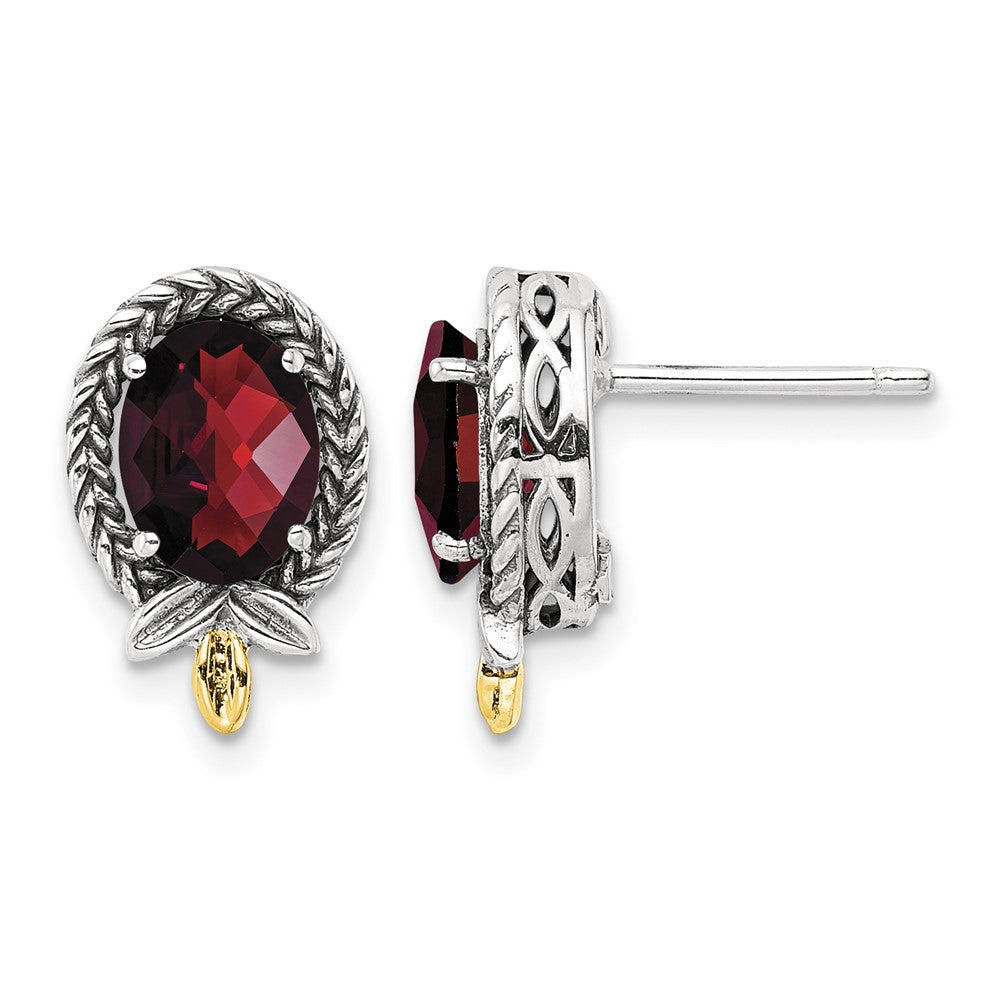 Sterling Silver w/14k Antiqued Braided Oval 2.59GA Garnet Post Earrings