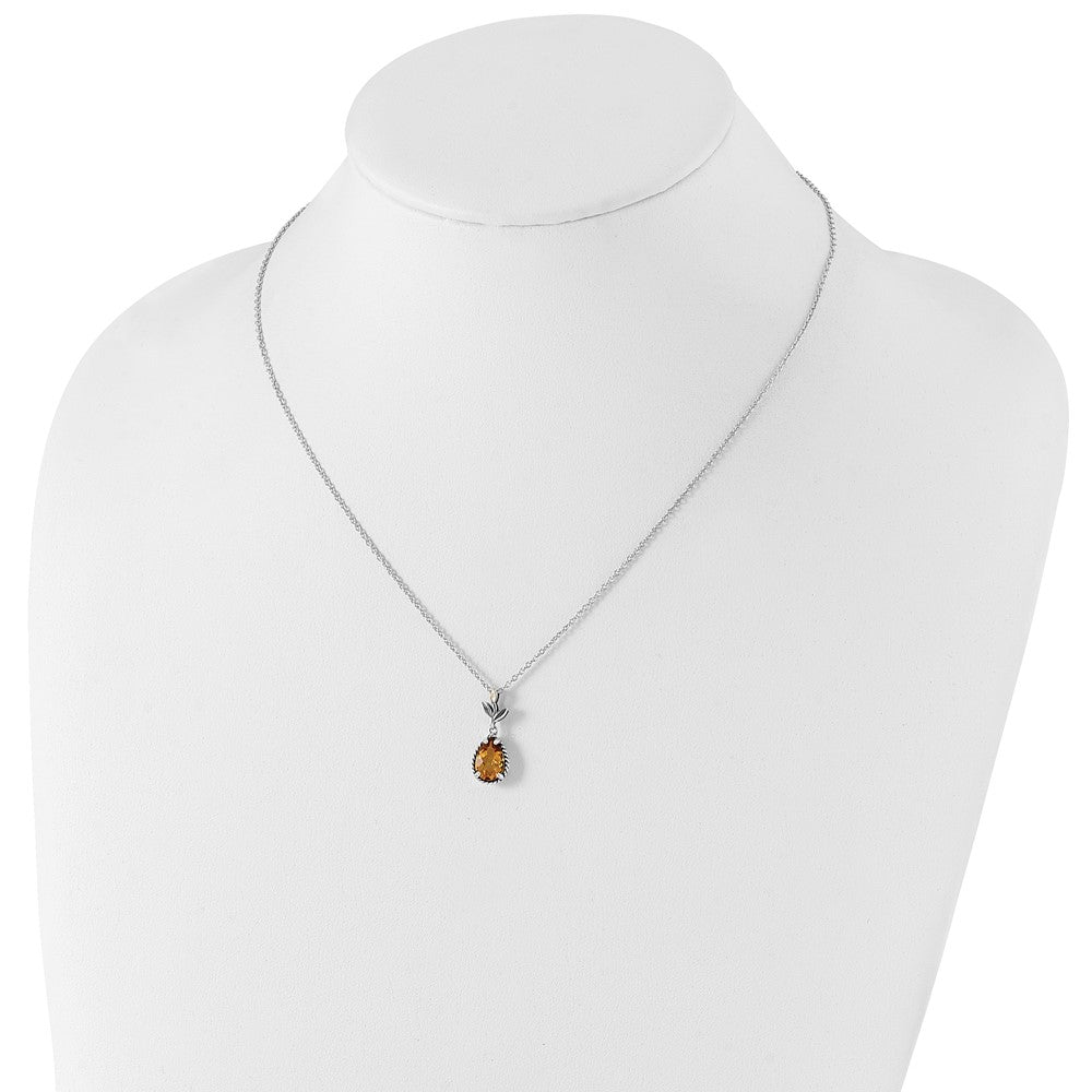 Sterling Silver w/14k Antiqued Leaves Pear Shaped 1.45CI Citrine Necklace