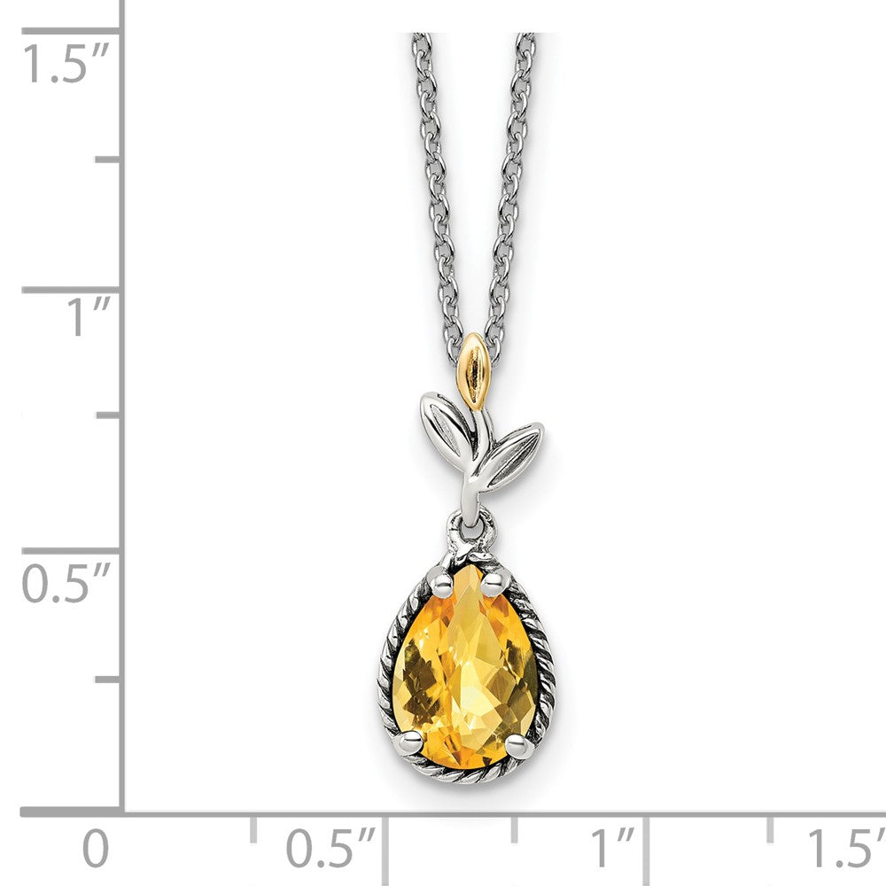 Sterling Silver w/14k Antiqued Leaves Pear Shaped 1.45CI Citrine Necklace