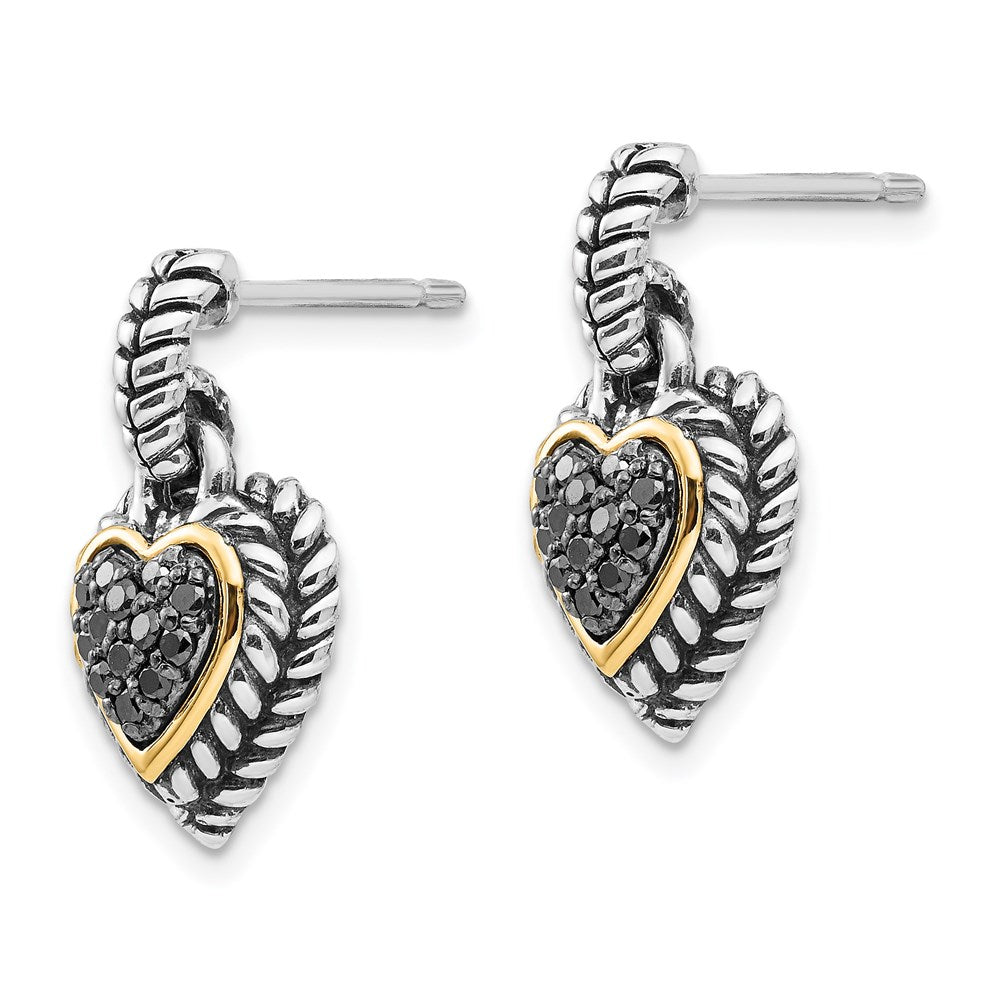 Sterling Silver Antiqued w/14k Black Diamond Heart Earrings