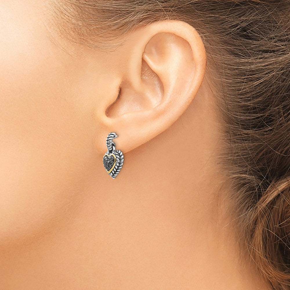 Sterling Silver Antiqued w/14k Black Diamond Heart Earrings