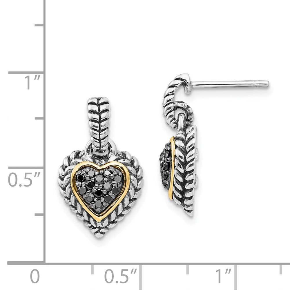 Sterling Silver Antiqued w/14k Black Diamond Heart Earrings