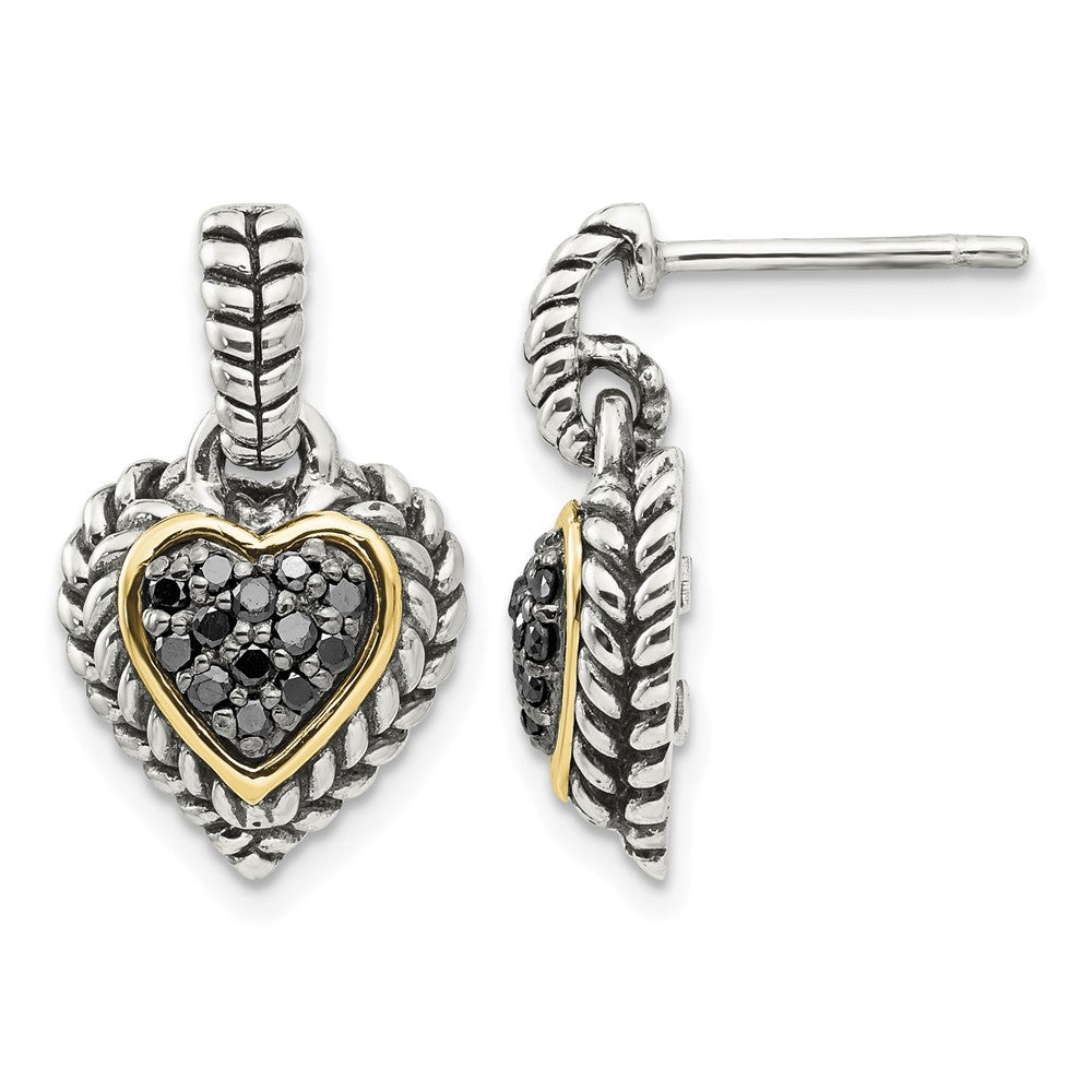 Sterling Silver Antiqued w/14k Black Diamond Heart Earrings