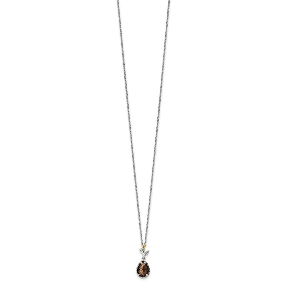 Sterling Silver Antiqued w/14k Leaf Smoky Quartz w/ 2in ext Necklace