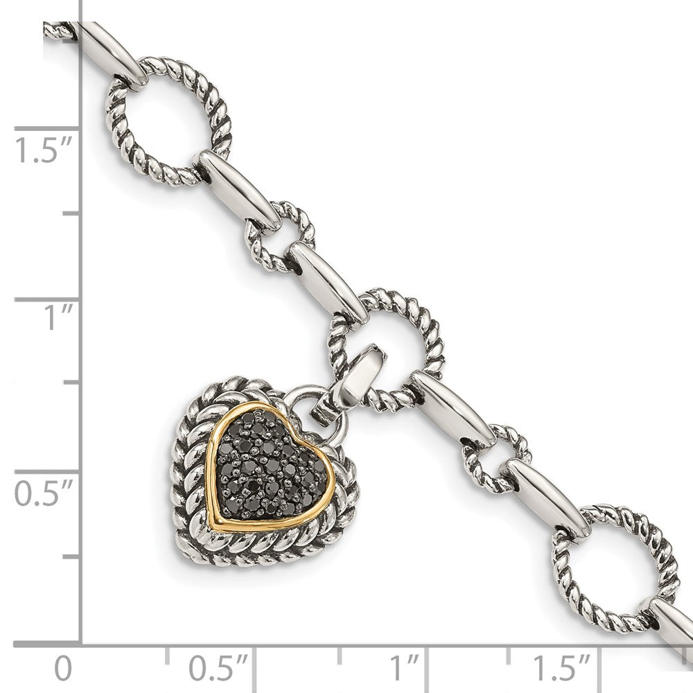Sterling Silver Antiqued w/14k Black Diamond Heart Link Bracelet