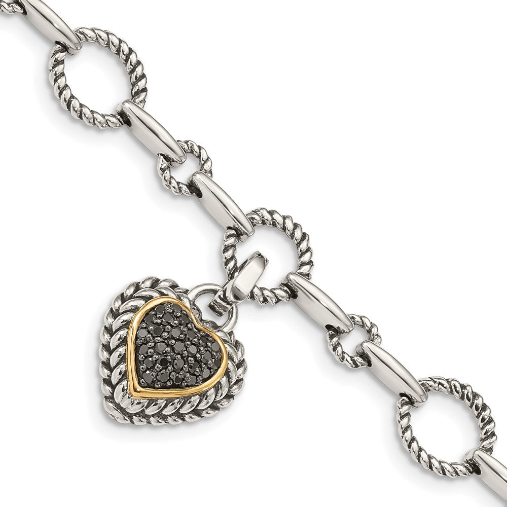 Sterling Silver Antiqued w/14k Black Diamond Heart Link Bracelet