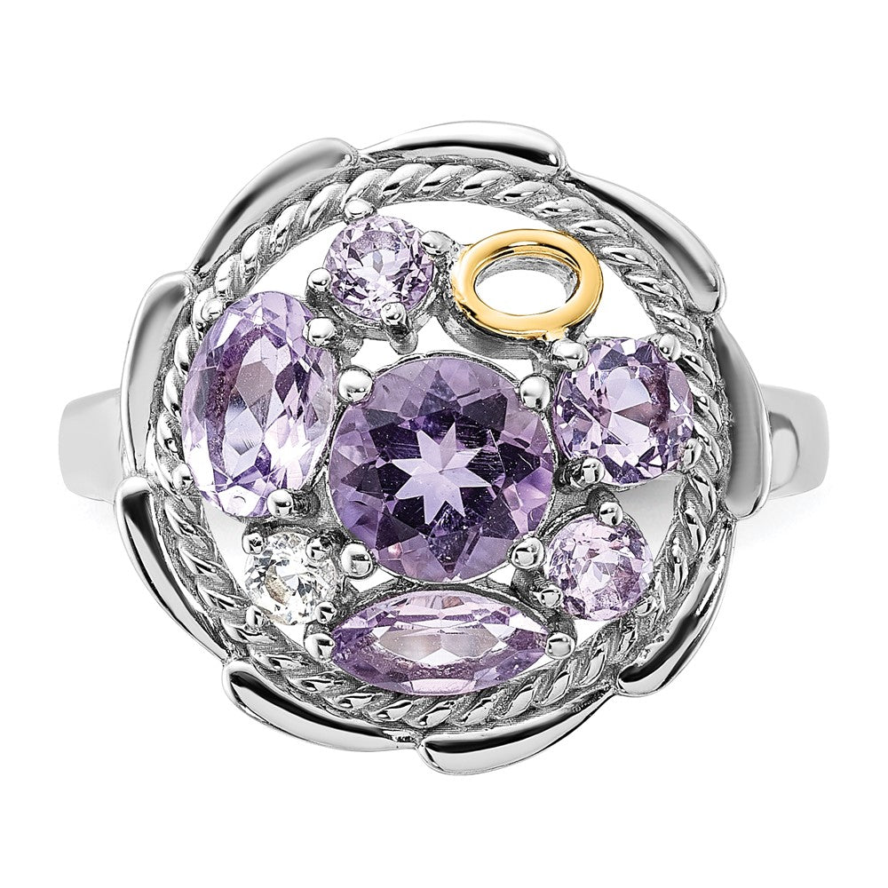 Sterling Silver Rh-pl w/14K .78AM/1.0Pink Quartz/.06Wht Topaz Ring