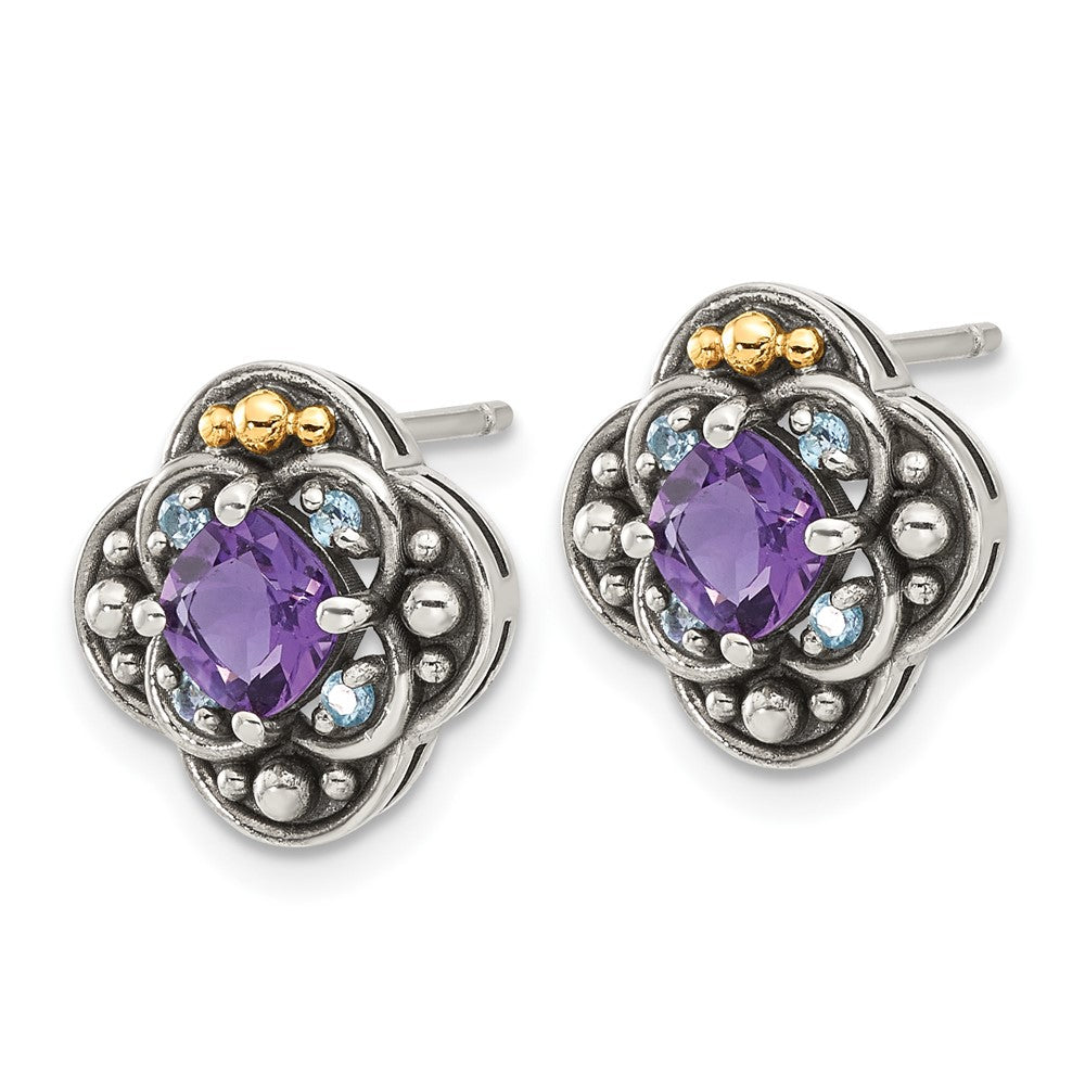 Sterling Silver w/14k Antiqued .91 Amethyst/.11Swiss BT Post Earrings