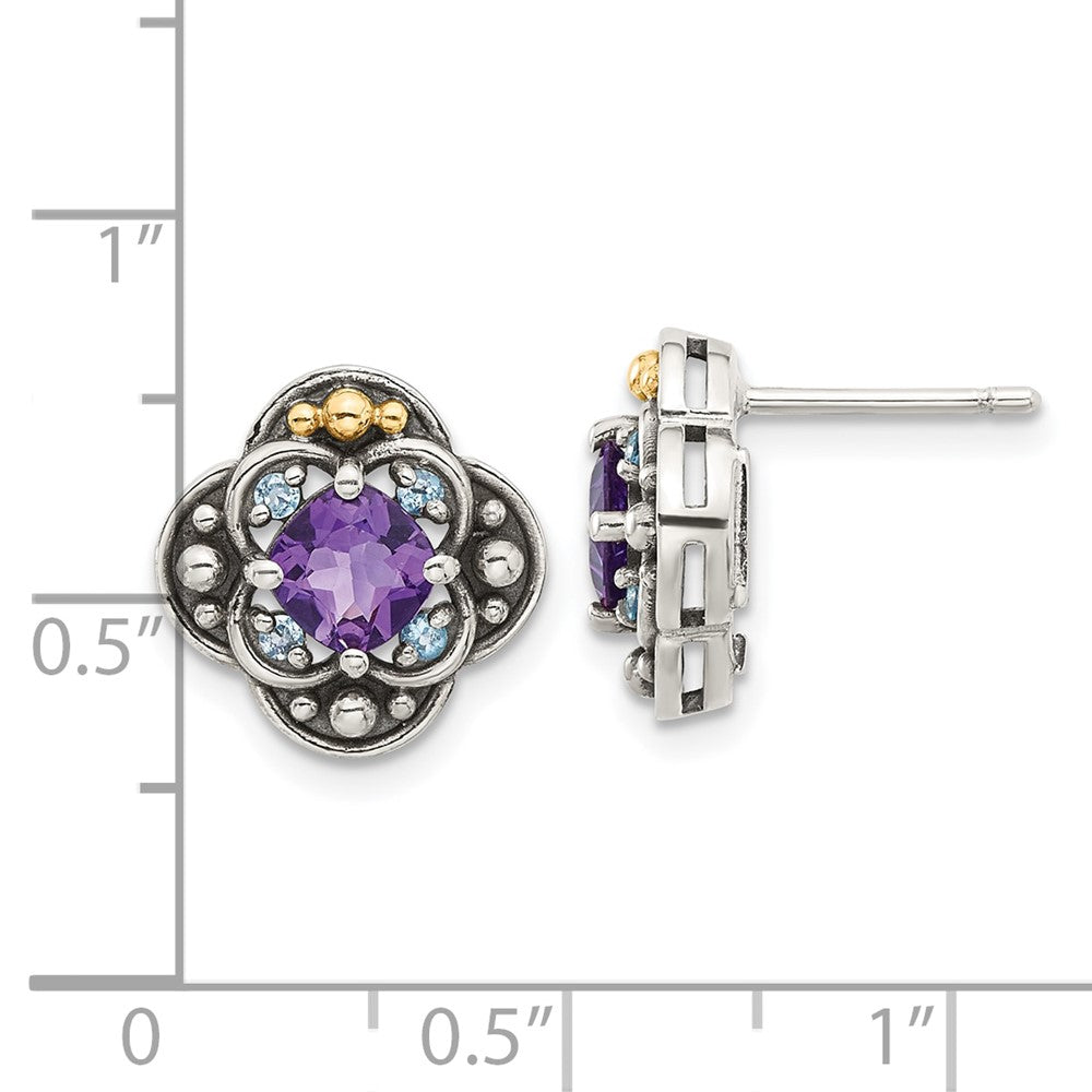Sterling Silver w/14k Antiqued .91 Amethyst/.11Swiss BT Post Earrings