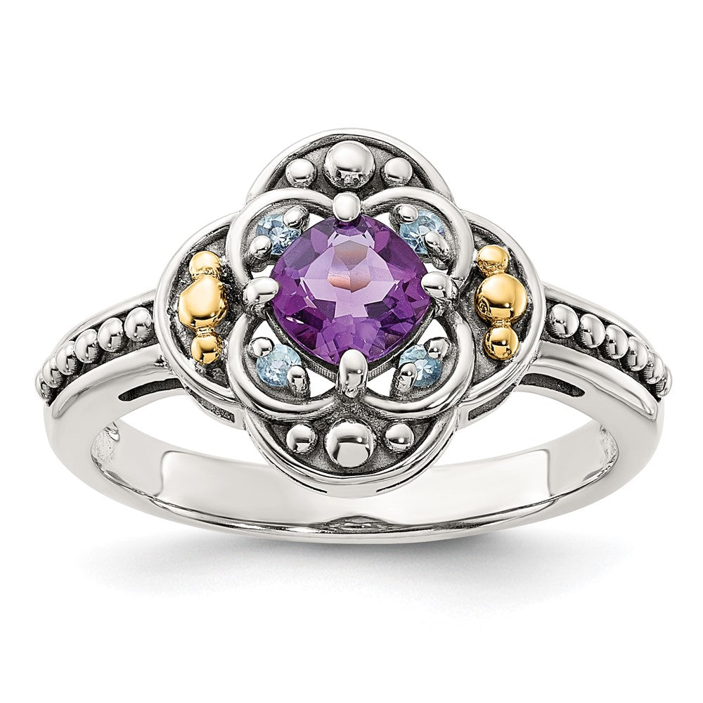 Sterling Silver w/14k Antiqued .41 Amethyst/.09Swiss Blue Topaz Ring