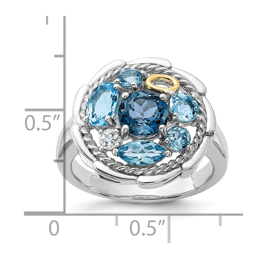 Sterling Silver Rh-pl w/14K 1.36Swiss Bl/1.05London Bl/.08Wht Topaz Ring