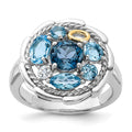 Sterling Silver Rh-pl w/14K 1.36Swiss Bl/1.05London Bl/.08Wht Topaz Ring