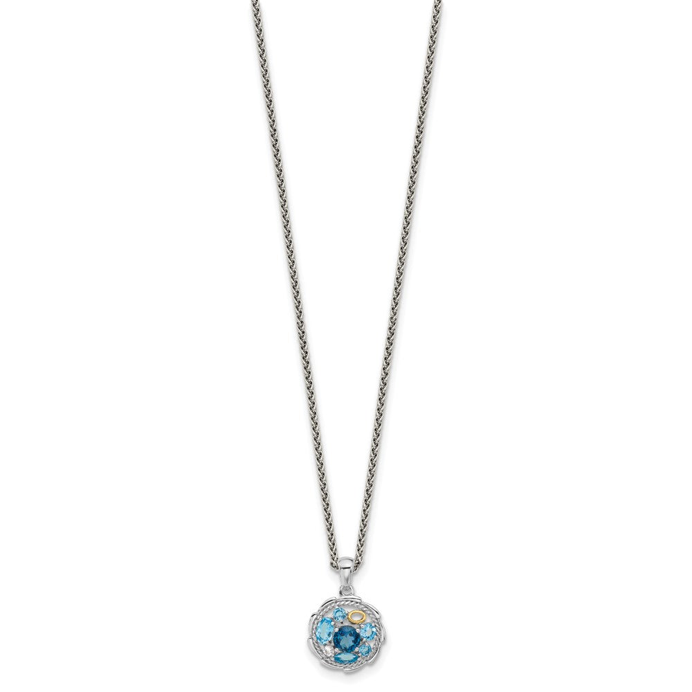 SS Rh-plat w/14K 1.36 Swiss Bl./1.05London Bl./.09Wht Topaz Necklace