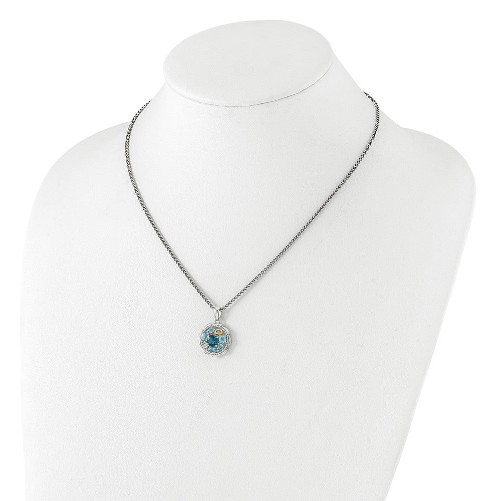 SS Rh-plat w/14K 1.36 Swiss Bl./1.05London Bl./.09Wht Topaz Necklace