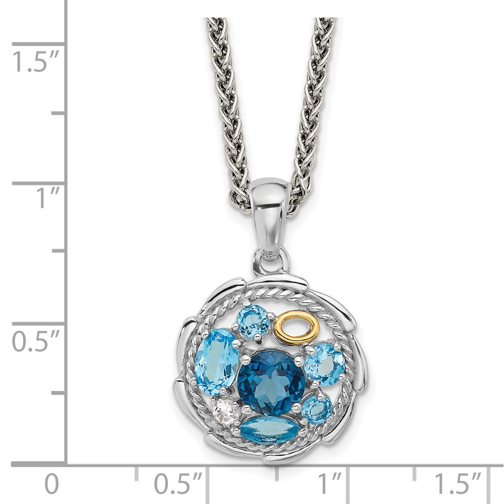 SS Rh-plat w/14K 1.36 Swiss Bl./1.05London Bl./.09Wht Topaz Necklace