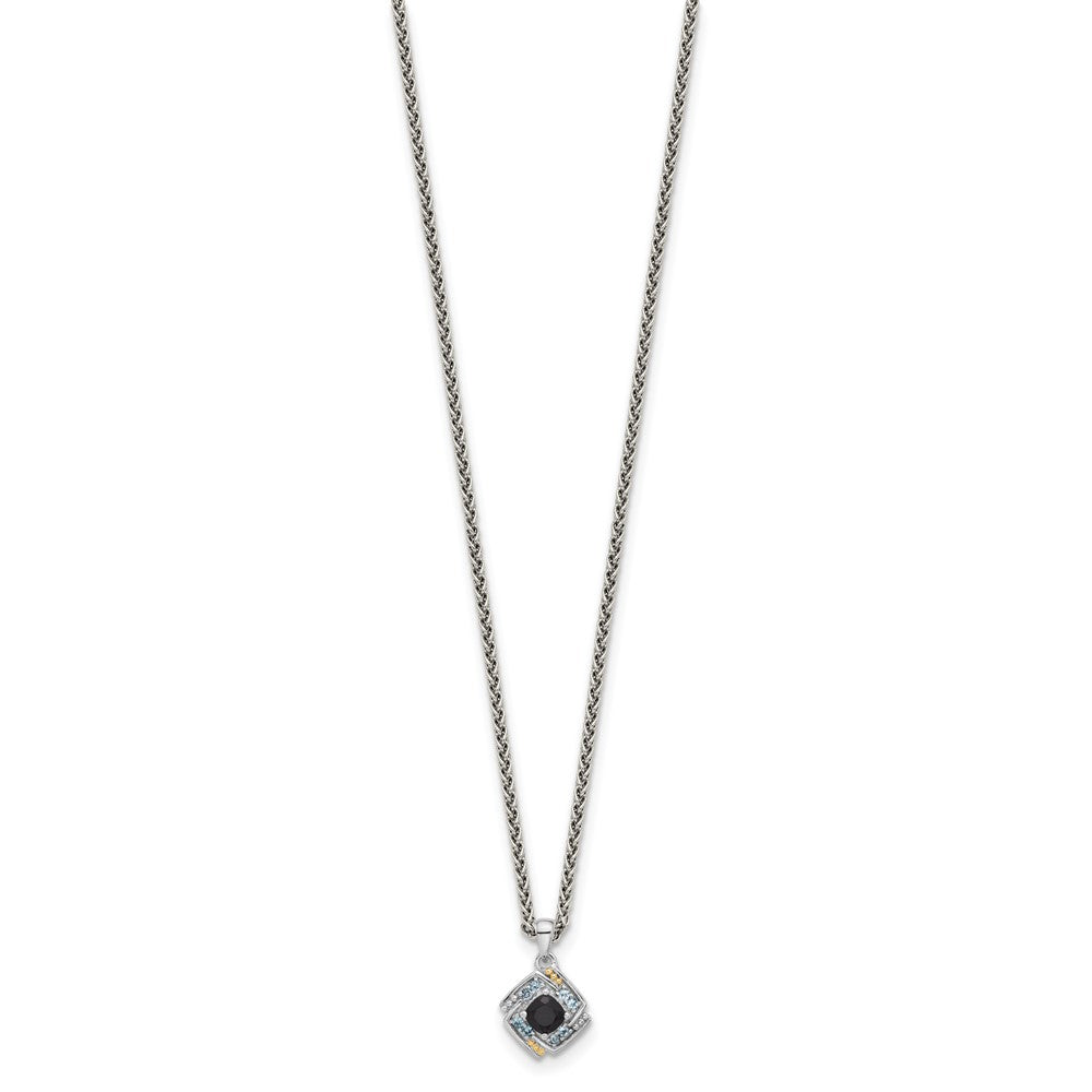 Sterling Silver Rh-pl w/14K .49 Onyx and .16 Swiss Blue Topaz Necklace