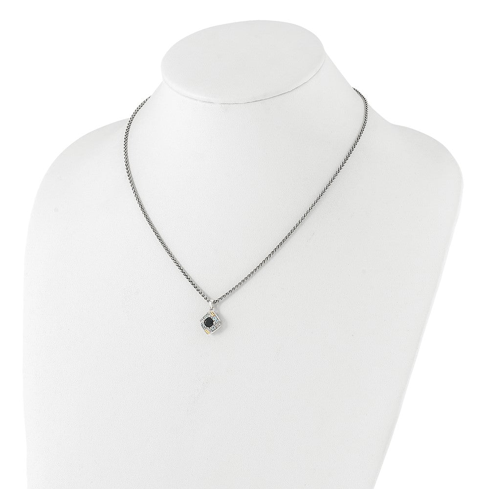 Sterling Silver Rh-pl w/14K .49 Onyx and .16 Swiss Blue Topaz Necklace