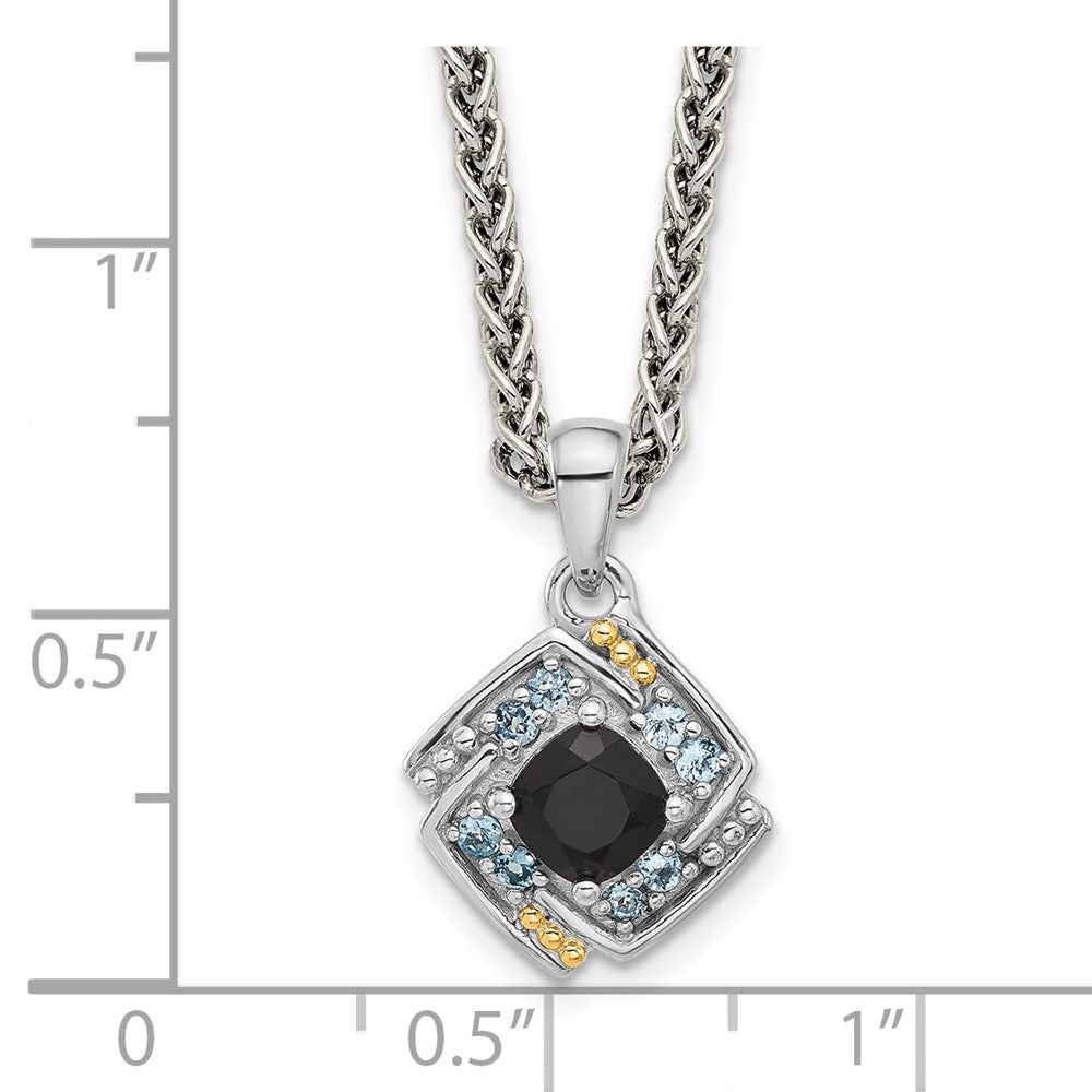 Sterling Silver Rh-pl w/14K .49 Onyx and .16 Swiss Blue Topaz Necklace