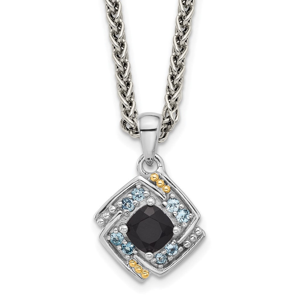 Sterling Silver Rh-pl w/14K .49 Onyx and .16 Swiss Blue Topaz Necklace