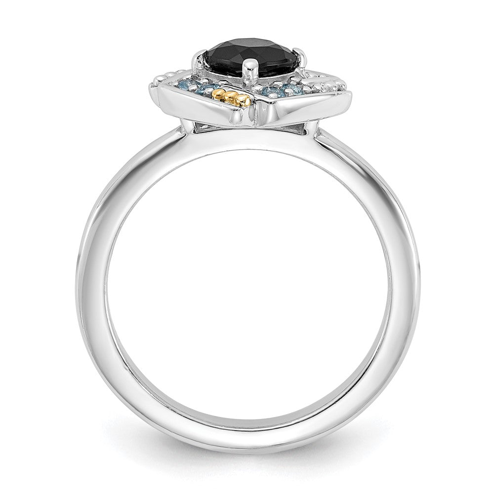 Sterling Silver Rh-plated w/14K .50 Onyx and .16 Swiss Blue Topaz Ring