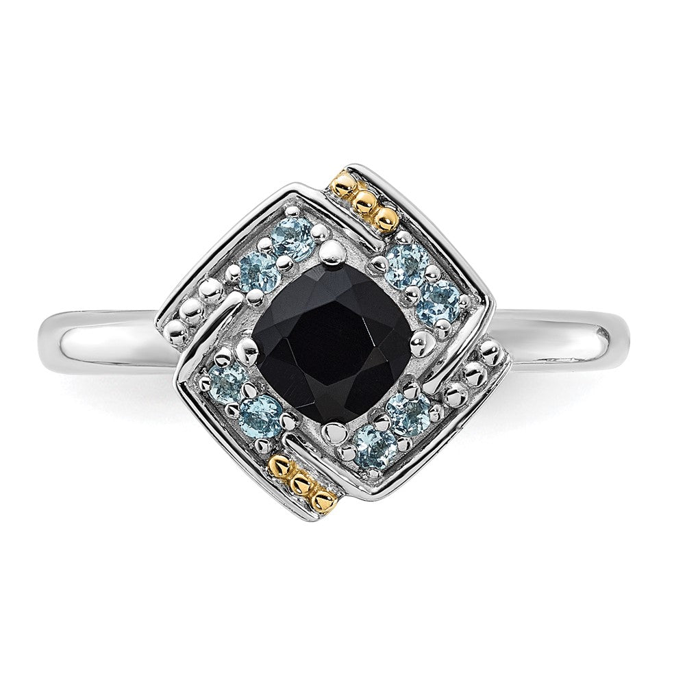 Sterling Silver Rh-plated w/14K .50 Onyx and .16 Swiss Blue Topaz Ring