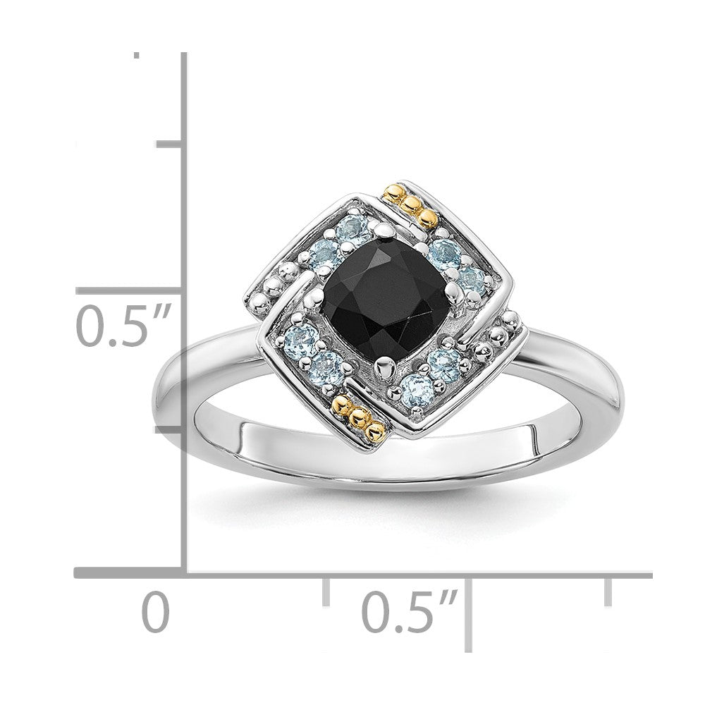 Sterling Silver Rh-plated w/14K .50 Onyx and .16 Swiss Blue Topaz Ring
