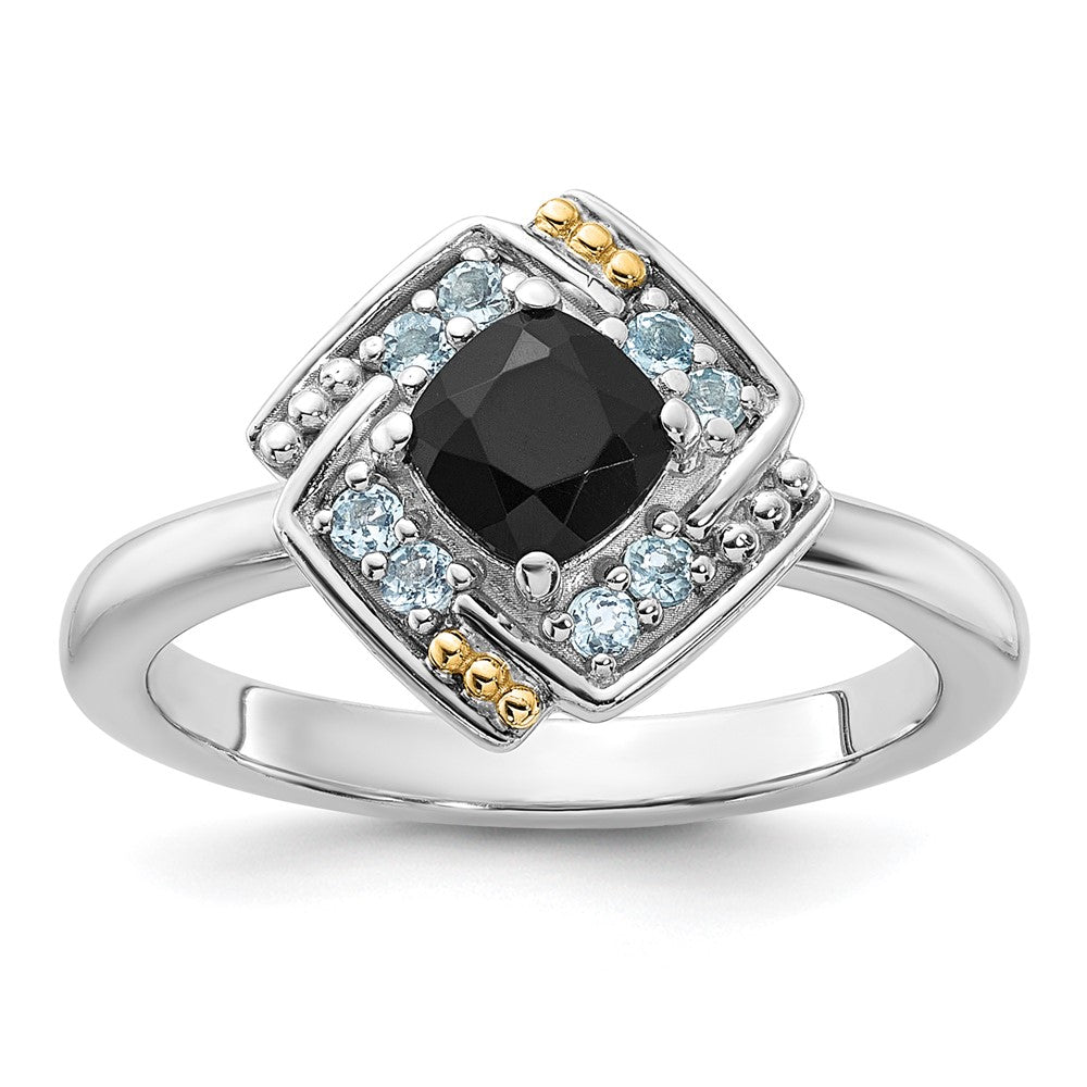 Sterling Silver Rh-plated w/14K .50 Onyx and .16 Swiss Blue Topaz Ring