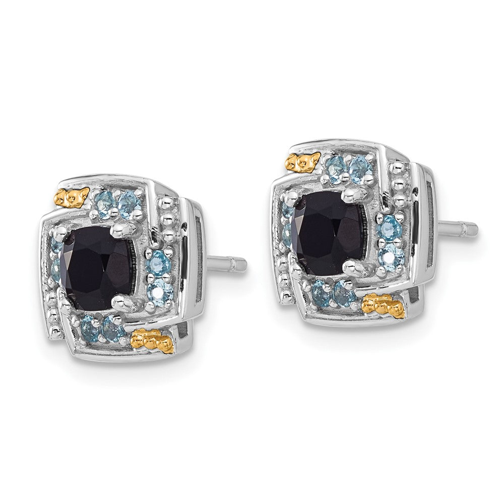 Sterling Silver Rh-pl w/14K .96 Onyx / .33 Swiss Blue Topaz Post Earrings