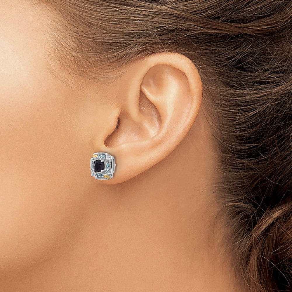 Sterling Silver Rh-pl w/14K .96 Onyx / .33 Swiss Blue Topaz Post Earrings