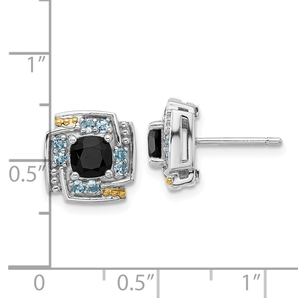 Sterling Silver Rh-pl w/14K .96 Onyx / .33 Swiss Blue Topaz Post Earrings