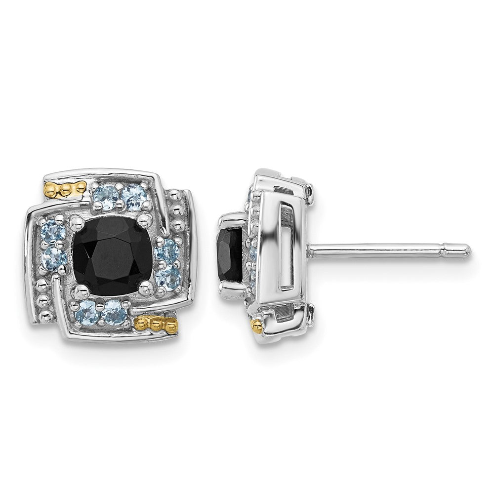 Sterling Silver Rh-pl w/14K .96 Onyx / .33 Swiss Blue Topaz Post Earrings